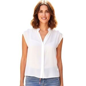 All In Favor Blouse Womens M‎ White Short Sleeve Collared V Neck Oversized Top